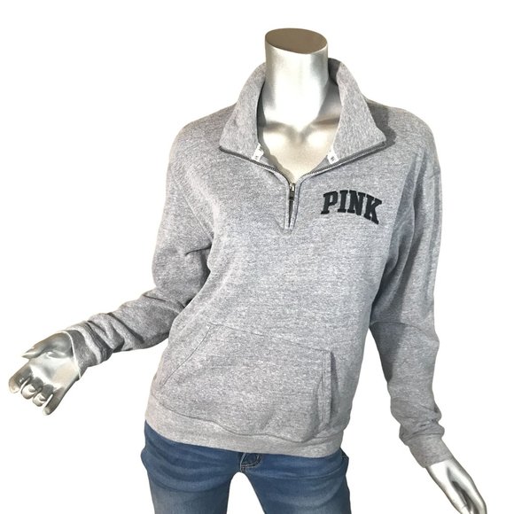 Pink by Victoria's Secret Small Grey Quarter Zip Sweatshirt Embroidered - Picture 1 of 13